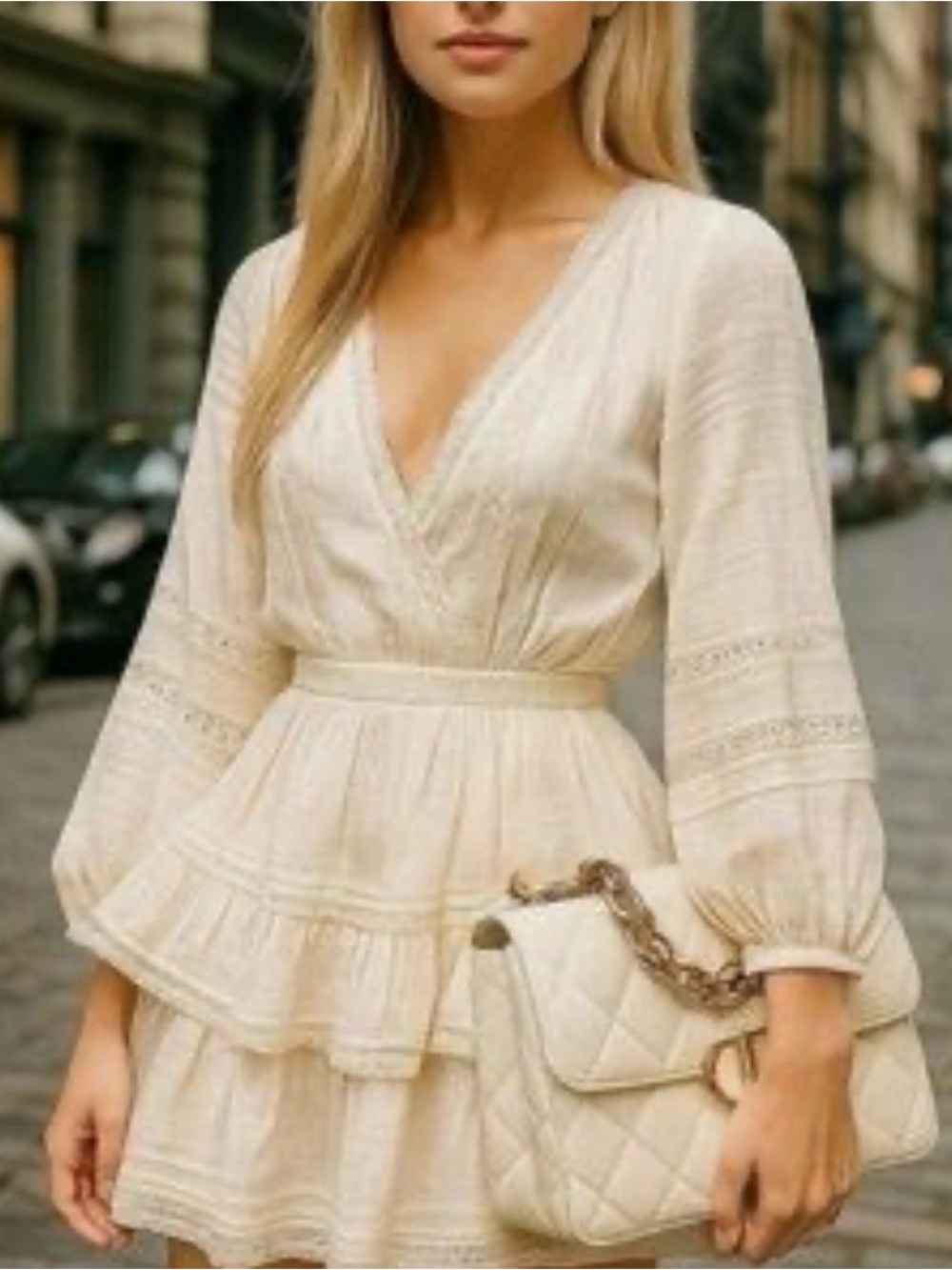 American Eagle Outfitters Cream Tiered V-Neck Mini Dress